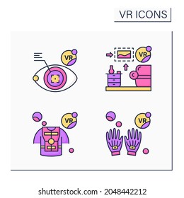 Virtual Reality Color Icons Set. Haptic Gloves, Suit, Eye Tap. VR Interior Design. Modern Technology Concept. Isolated Vector Illustrations