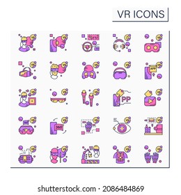 Virtual Reality Color Icons Set. Consists Of Vr Playing Area, Haptic Gloves And Suit, Headset Computer, Applications Etc. Modern Technology Concept. Isolated Vector Illustrations