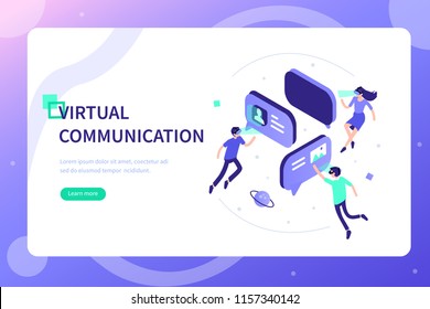 Virtual reality communication concept with characters. Can use for web banner, infographics, hero images. Flat isometric vector illustration isolated on white background. 