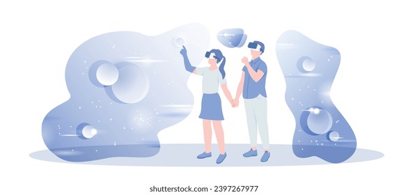 Virtual Reality. Communication in the network. Man and woman wearing VR headsets look into the cyberspace. Vector illustration with character situation for web.	
