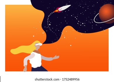 Virtual reality complements reality with new sensations, a girl in a VR helmet sees the expanses of space and fantastic landscapes