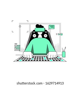 Virtual reality computer gamer person. A man with vr glasses sits in front of a pc in a gaming chair. Flat linear style. Vector illustration.