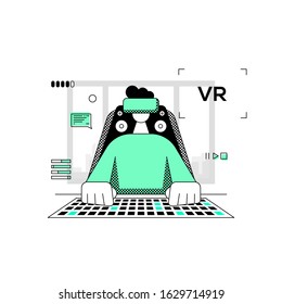 Persona del jugador de la computadora de la realidad virtual. Un hombre con gafas vr se sienta frente a una PC en una silla de juego. Estilo lineal plano. Ilustración vectorial.