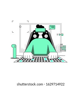 Virtual reality computer gamer person. A man with vr glasses sits in front of a pc in a gaming chair. Flat linear style. Vector illustration.
