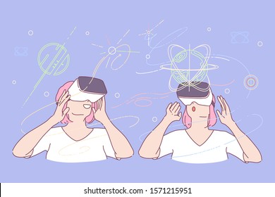 Virtual reality, computer simulated world, game concept. Female gamer wearing 3d glasses, young woman in cyberspace, gaming environment, modern entertainment, emotion expression. Simple flat vector