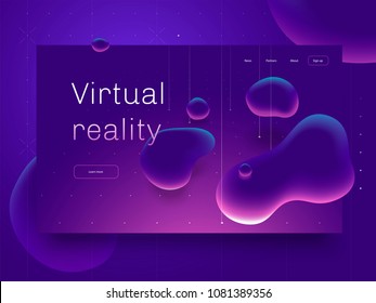 Virtual reality concept. 3d abstract bubble shapes flying above surface. Landing page template. Vector illustration.