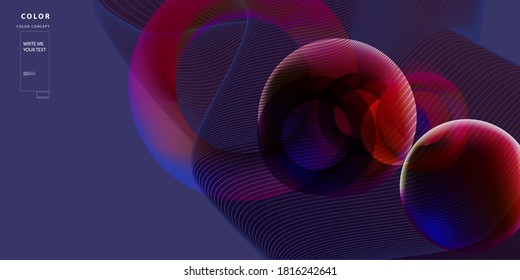 Virtual reality concept. 3d abstract bubble shapes flying above surface. Landing page template Trending color combinations. Vector illustration
