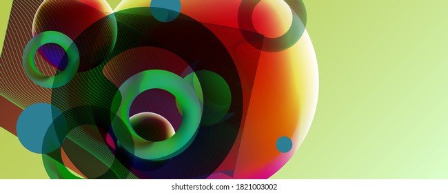 Virtual reality concept. 3d abstract bubble shapes flying above surface. Landing page template Trending color combinations. Vector illustration