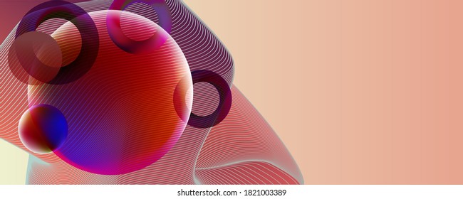 Virtual reality concept. 3d abstract bubble shapes flying above surface. Landing page template Trending color combinations. Vector illustration