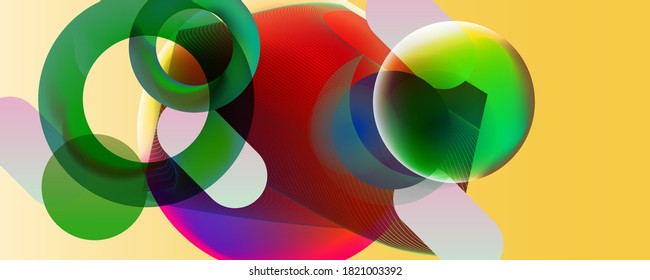 Virtual reality concept. 3d abstract bubble shapes flying above surface. Landing page template Trending color combinations. Vector illustration