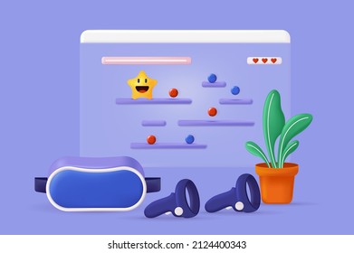 Virtual Reality Concept 3D Illustration. Icon Composition With VR Headset And Sensors For Augmented Reality Simulation Video Game, Cyberspace Equipment. Vector Illustration For Modern Web Design