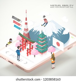 Virtual reality concept in 3d isometric projection style, Japan tourism app