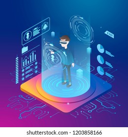 Virtual reality concept in 3d isometric projection style