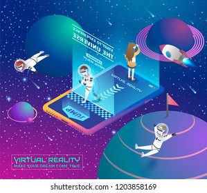 Virtual reality concept in 3d isometric projection style, Space travel scene
