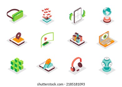 Virtual reality concept 3d isometric icons set. Bundle elements of vr headset, holographic projection, panoramic view, augmented, game gadgets and other. Vector illustration in modern isometry design