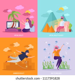 Virtual reality concept 4 orthogonal icons  with vr glasses travel flying and diving experience isolated vector illustration 