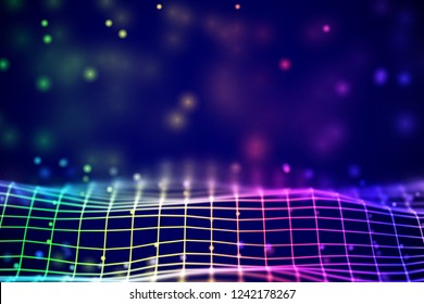 Virtual reality concept: abstract digital landscape grid with floating particles. Visualization of sound waves. 3D wireframe landscape. Background for data and cyberspace. EPS 10 vector illustration.