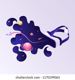 Virtual reality concept. Abstract space with rocket and planets