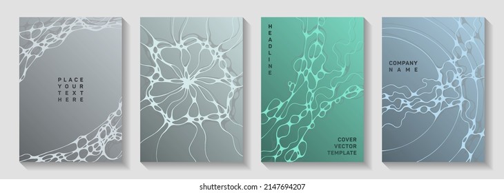Virtual reality concept abstract vector covers. Crossed curve lines pattern textures. Vibrant brochure vector templates. Hi tech cover pages graphic design set.