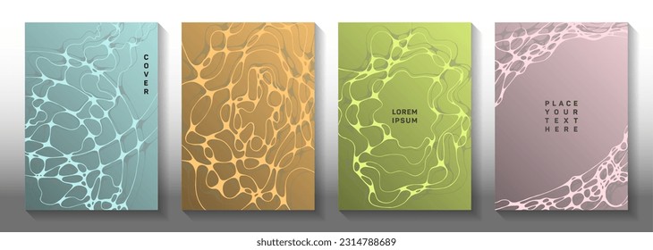 Virtual reality concept abstract vector covers. Doodle curve lines network textures. Trendy brochure vector layouts. Science fiction cover pages graphic design set.