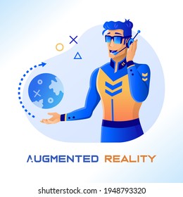 Realidad virtual aumentada. Enviador de hombre futurista en gafas VR con holograma del globo. Ilustración