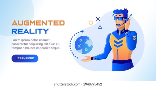 Virtual reality concept. Augmented reality concept. Banner in cyberpunk style. Futuristic vector illustration of man dispatcher in VR glasses working with augmented reality and globe hologram.