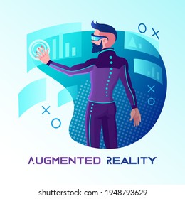 Virtual reality concept. Augmented reality concept. Banner in cyberpunk style. Futuristic vector illustration of man working with augmented reality in virtual reality glasses.