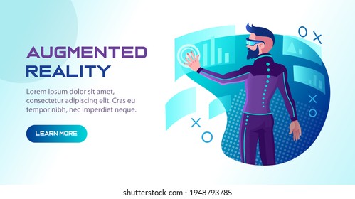 Virtual reality concept. Augmented reality concept. Banner in cyberpunk style. Futuristic vector illustration of man working with augmented reality in virtual reality glasses.