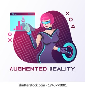 Virtual reality concept. Augmented reality concept. Banner in cyberpunk style. Futuristic vector illustration of woman working with augmented reality in virtual reality glasses.