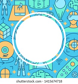 Virtual reality concept banner in colored line style with place for text. Modern computer technology symbols background. Vector illustration.