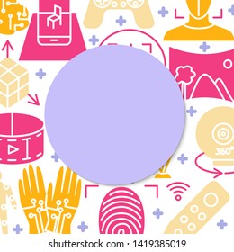 Virtual reality concept banner in flat style with place for text. Modern computer technology symbols background template. Vector illustration.