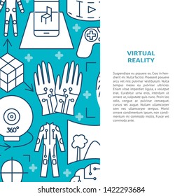 Virtual reality concept banner in line style with place for text. Modern computer technology symbols background. Vector illustration.