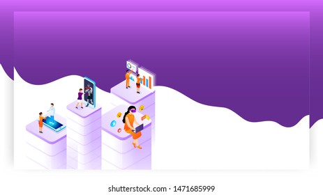 Virtual Reality concept based design with people using different social service app. Can be used as landing page design.