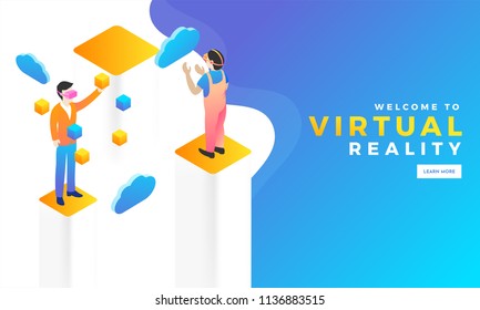 Virtual Reality concept based landing page design with man on top of the isometric building interacting with virtual or imaginary world through VR box.