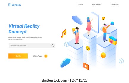 Virtual Reality Konzept basiert Landing Page Design, Menschen mit sozialen Medien Icons und Smartphone, Interaktion mit virtuellen oder imaginären Welt durch VR Brille.
