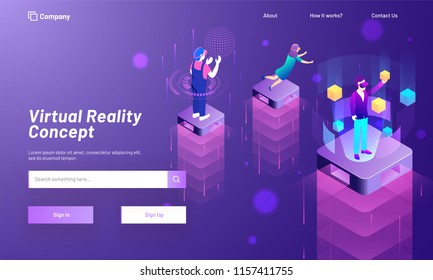 Virtual Reality concept based landing page design with Character of men and lady on top of isometric building interacting with imaginary or virtual world, universe and interface through VR glasses.