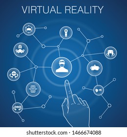 virtual reality concept, blue background VR helmet, Augmented reality, 360° view, VR controller icons