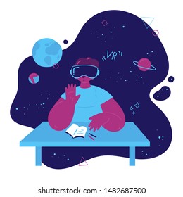 Virtual reality concept. Boy studies astronomy in virtual reality glasses. Enthusiastic student wears vr goggles and was in space/ Vector illustration