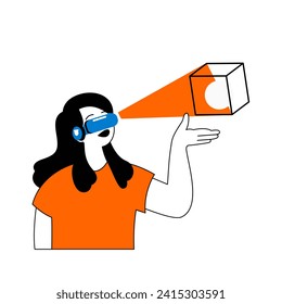 Virtual reality concept with cartoon people in flat design for web. Woman in VR headset interacting with cube modelling hologram . Vector illustration for social media banner, marketing material.