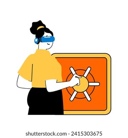 Concepto de realidad virtual con caricaturas en diseño plano para la web. Mujer con auriculares VR usando simulación de sistema bancario en línea con seguridad. Ilustración vectorial para banner de medios sociales, material de marketing.