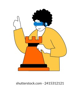 Virtual reality concept with cartoon people in flat design for web. Woman in VR headset playing chess with artificial intelligence. Vector illustration for social media banner, marketing material.