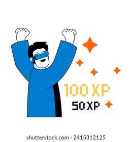 Virtual reality concept with cartoon people in flat design for web. Man in VR headset playing video game and wins experience score. Vector illustration for social media banner, marketing material.