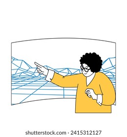 Virtual reality concept with cartoon people in flat design for web. Woman working with line surface simulation in augmented space. Vector illustration for social media banner, marketing material.