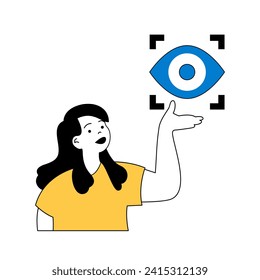 Virtual reality concept with cartoon people in flat design for web. Woman using eye scan recognition for identity and surveillance. Vector illustration for social media banner, marketing material.