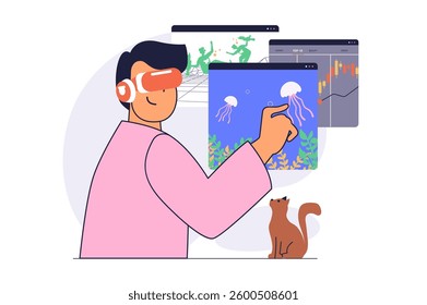 Virtual reality concept with cartoon people in flat design for web. Man in VR headset interacting with screen, choosing undersea exploration, data analysis and cyberspace gaming. Vector illustration.