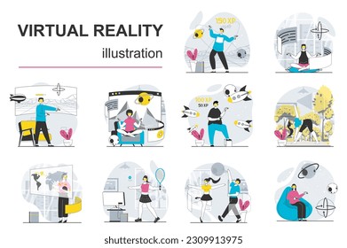 Virtual reality concept with character situations mega set. Bundle of scenes people in VR headset working, training, making research, learning in cyberspace. Vector illustrations in flat web design