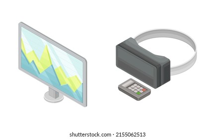 Virtual reality concept. Computer and vr glasses, hi-tech technology concept isometric vector illustration