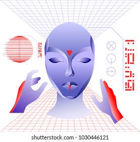 Virtual reality concept, cyberpunk girl character in futuristic 3d space. Vector illustration.