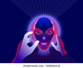 Virtual reality concept, cyberpunk girl character in futuristic 3d space. Vector illustration.