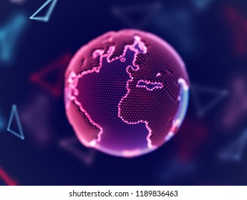 Virtual reality concept: digital planet Earth consisting of red glowing dots. Visualization of big data and digital business. Digital world in cyber space. Selected focus, eps 10 vector illustration.